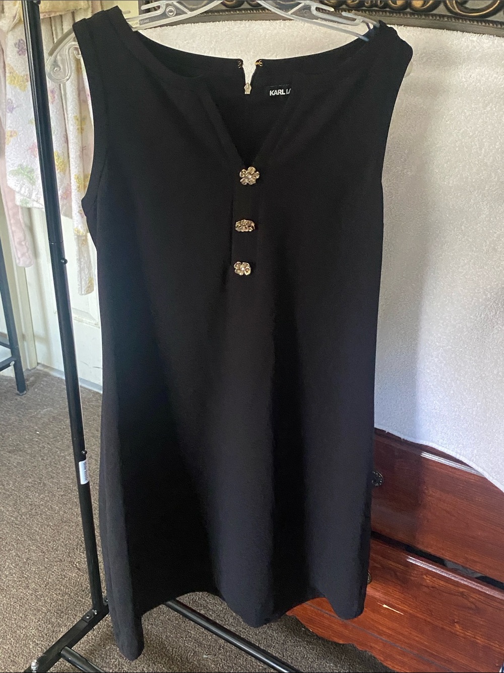 Karl Lagerfeld Black Sleeveless Mini Dress with Gold Floral Buttons